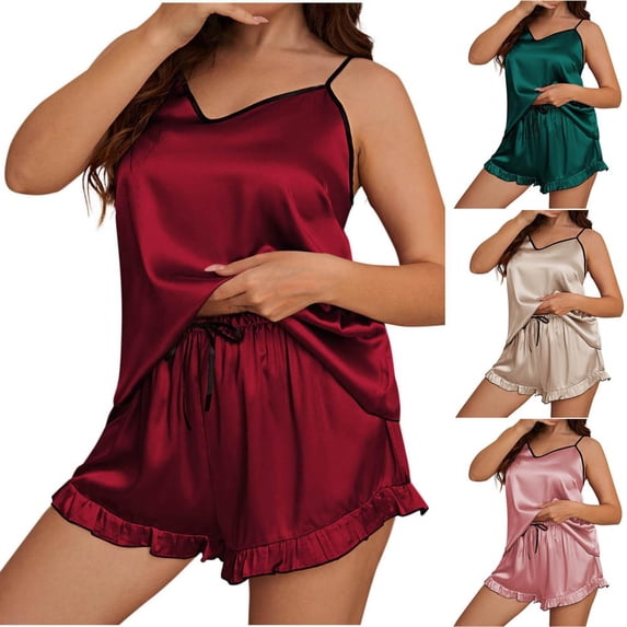 Bxsruta Women's Plus Size Backless Pajamas Set with Silk-Like Frill Shorts for Sleep and Lounge Wear