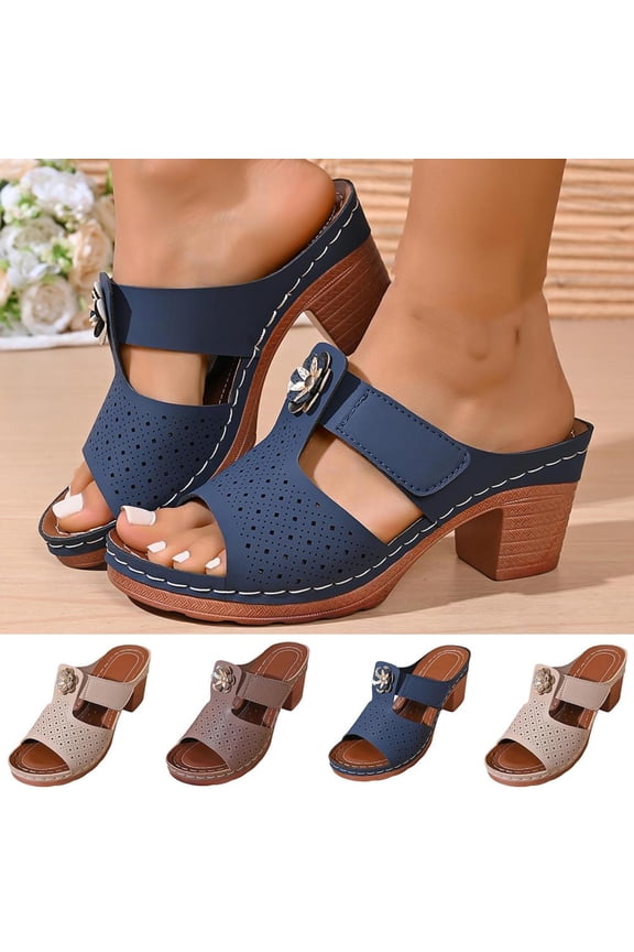 Women's Plus Size Comfortable Block Heel Slide Sandals with Breathable Perforated Upper and Adjustable Strap for Casual Summer Wear