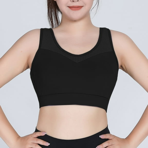 Bxsruta Women's Plus Size High Impact Shockproof Sports Bras Breathable Yoga Vest Fitness Running One-piece Fixed Cup Bra Black 2XL