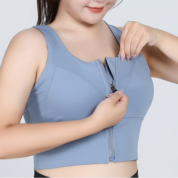 Bxsruta Women's Plus Size High Waist Front Zipper Sports Bra Vest High Strength Shockproof Yoga Fitness Workout Bras Blue 2XL