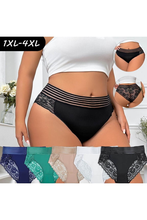 Women's Plus Size High Waist Seamless Thong Underwear with Breathable Lace for Everyday Wear & Workouts