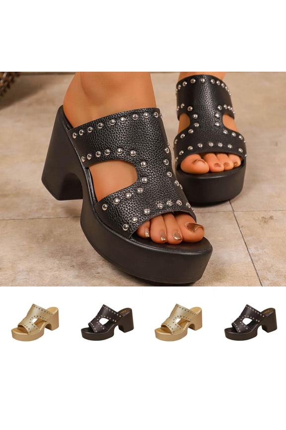 Women's Plus-Size Metal-Embellished Heeled Sandals with Cutout Design for Casual Spring and Summer Comfort Wear