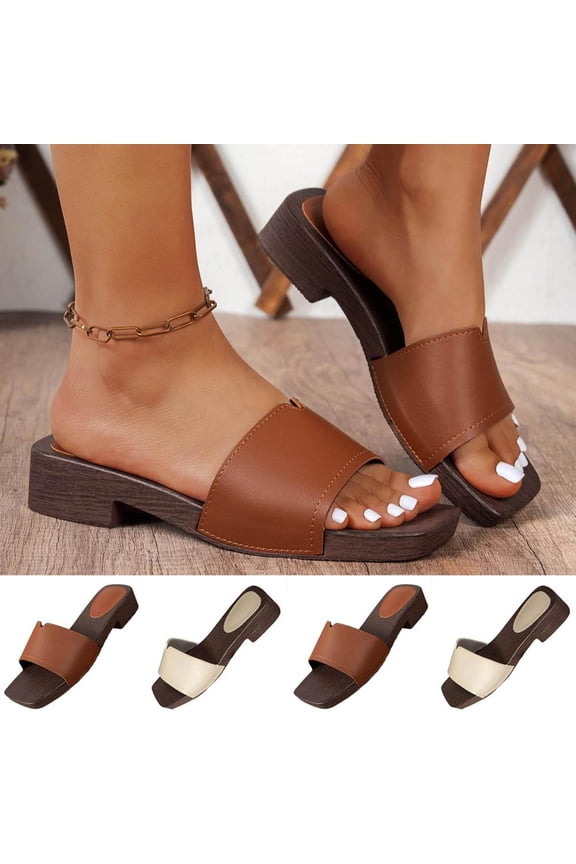Women's Plus Size Open-Toe Mule Sandals with Thick Rubber Sole and Wood-Grain Block Heel for Casual Beach Wear