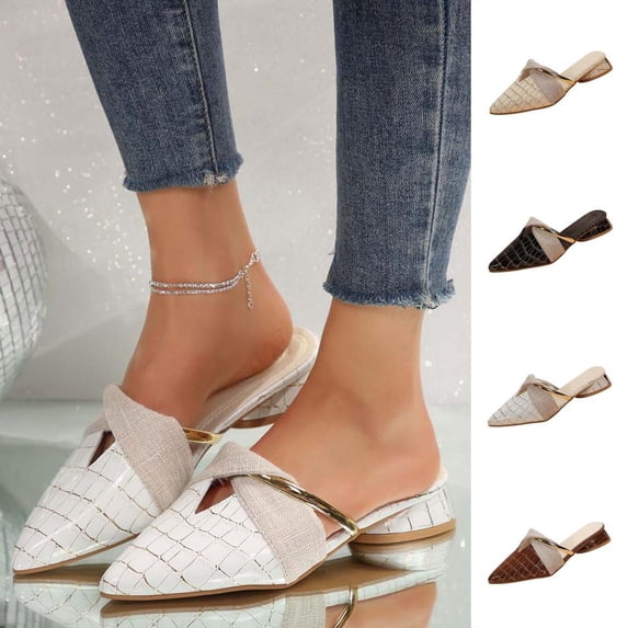 Bxsruta Women's Plus Size Pointed-Toe Low Block Heel Mules, Embossed Faux Leather Slip-On Slippers for Indoor and Outdoor Casual Wear with Padded Insole