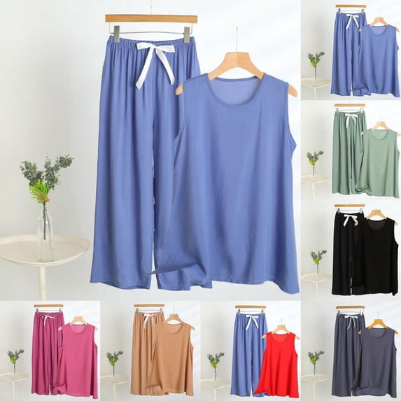 Bxsruta Women's Plus Size Sleeveless Pajama Set with High-Waisted Lounge Pants, Soft Knitted Fabric for Home and Casual Summer Wear