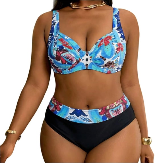 Bxsruta Women's Plus Size Two Piece Swimsuit with Tummy Control Ruched Front, Adjustable Straps, Quick Dry, UPF 50+ Swimwear