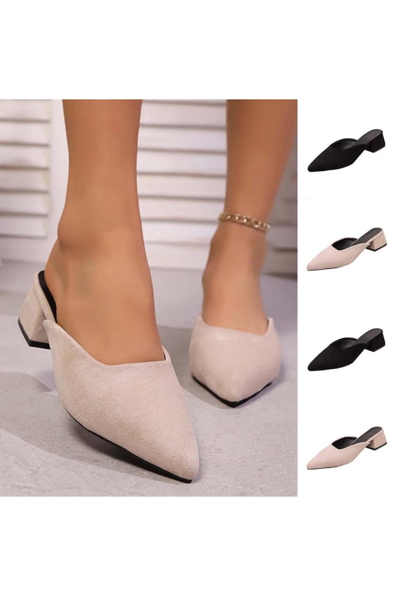 Women's Pointed-Toe Slip-On Mules with Low Block Heel, Soft Breathable Fabric for Versatile Casual and Office Wear