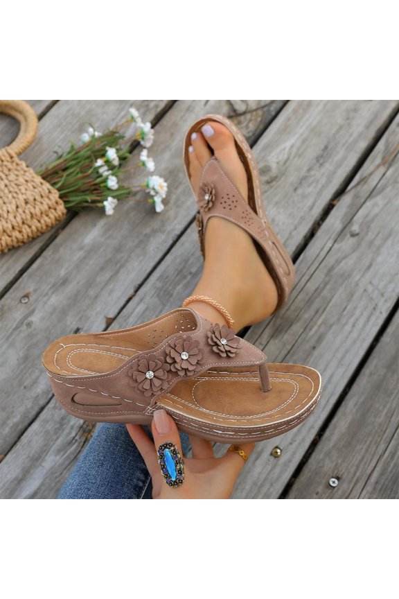 Women's Rhinestone-Studded One-Strap Wedge Sandals, Open-Toe Casual Slip-On with Cushioned Comfort for Everyday Wear