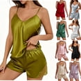 thumbnail image 1 of Bxsruta Women's Satin Cami Pajama Set V Neck Lace Trim Camisole Top Adjustable Spaghetti Straps Shorts Soft Breathable Comfortable Sleepwear Loungewear for Home Vacation Daily Wear, 1 of 7