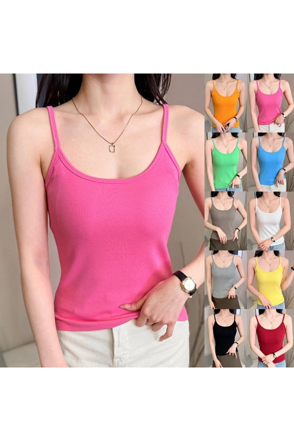 Women's Seamless Ribbed Camisole with Built in Bra Crew Neck Sleeveless Nylon Spandex Stretch for Daily Wear