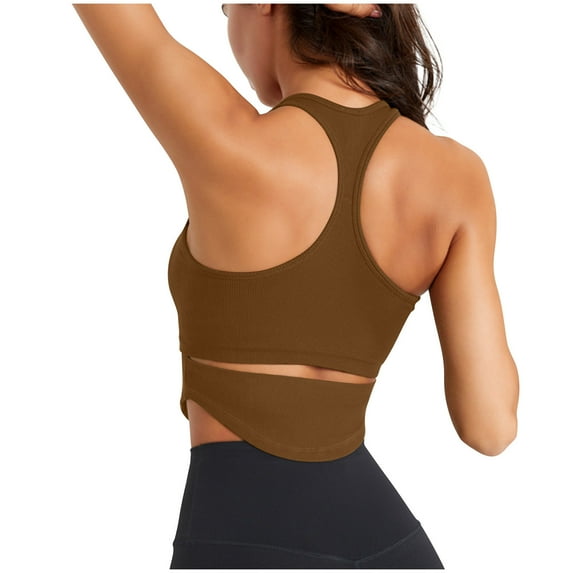 Bxsruta Women's Seamless Sports Bra Workout Crop Top Tank Tops for Women Long Lined Sports Bra Ribbed Crop Top Fitness Coffee L