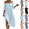 thumbnail image 1 of Bxsruta Women's Off the Shoulder Midi Dress Three Quarter Sleeve High Waist Flowy Split Beach Sundress Casual Pull on Elegant Fit and Flare a Line Summer Vacation, 1 of 8