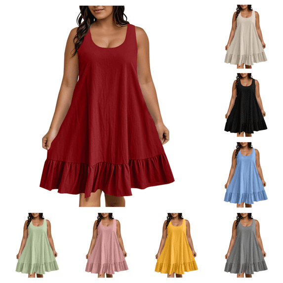 Bxsruta Women's Sleeveless Dresses Loose Fit Ruffled Hem Scoop Neck Tank Dress Casual Summer Beach Vacation