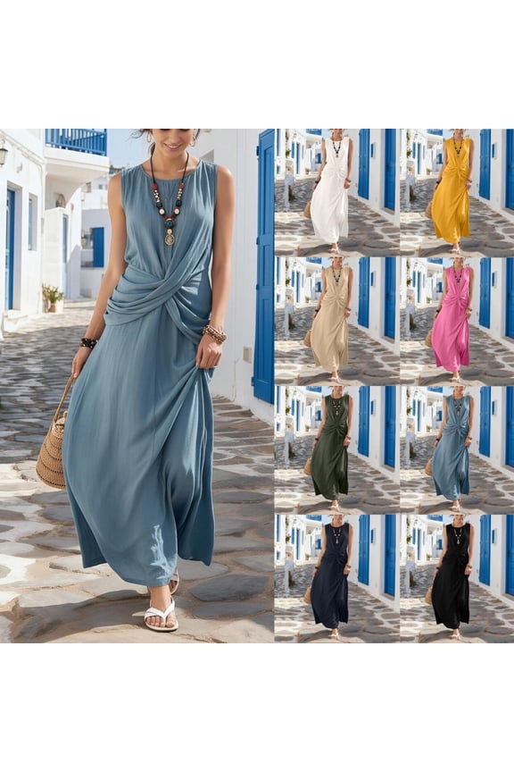 Women's Sleeveless Twist Knot Waist Maxi Dress Casual Round Neck Flowy Long Dress Pull on Faux Wrap Flattering Fit Breathable Comfortable Summer Spring