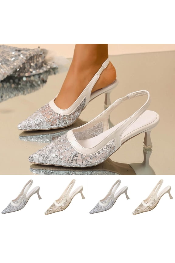 Women's Slingback Kitten Heel Pumps Pointed Toe Mesh Embroidered Dress Shoes