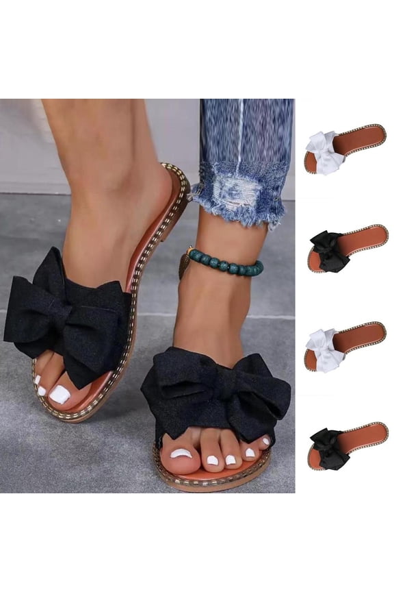 Women's Slip-On Ruffle Bow Sandals with Soft Padded Insole, Lightweight Open-Toe Flat Shoes for Casual All-Day Comfort