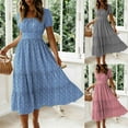 thumbnail image 1 of Bxsruta Women's Square Neck Short Sleeve Midi Dress Tiered Ruffle a Line Flowy Swing Dress Casual Elastic Waist Pull on Print Summer Spring Party for Daily Wear Beach Holiday, 1 of 8