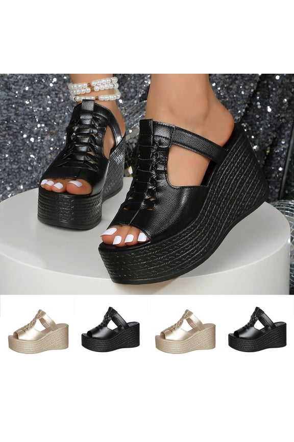 Women's Straw Woven Wedge Heel Sandals with Lace-Up Cutout and Open Toe, Thick-Soled Casual Slip-On Mule for Spring Summer