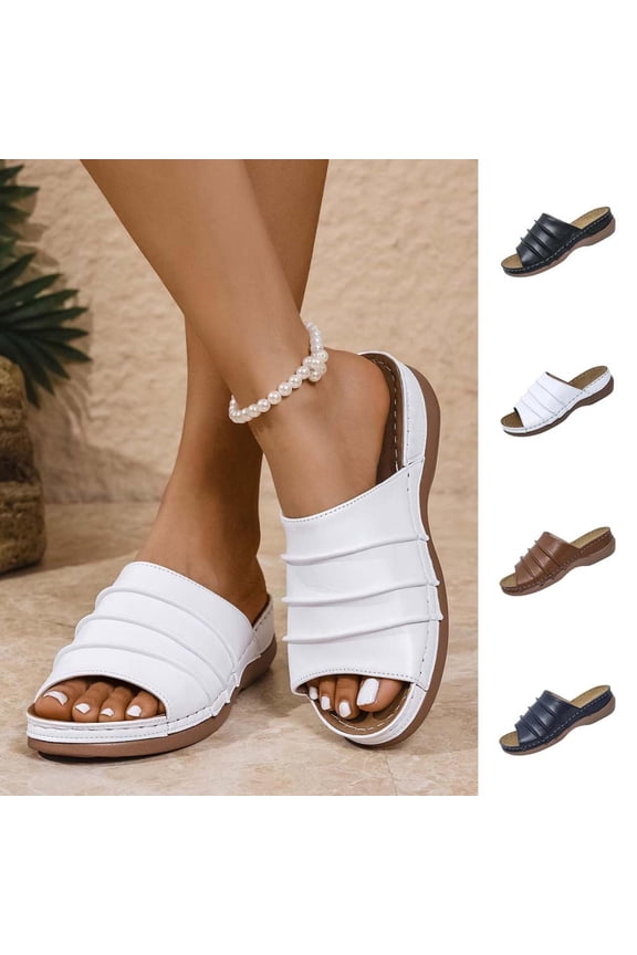 Women's Supportive Wedge Slide Sandals with Orthopedic Footbed and Ruched Strap for Casual Beach and Everyday Wear