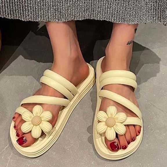 Bxsruta Women's Thick-Sole Flip Flops, Lightweight EVA Indoor/Outdoor Slippers with 3D Floral Accents