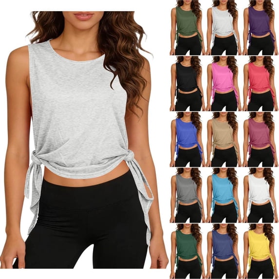 Bxsruta Women's Tie Side Knot Sleeveless Crew Neck Crop Tank Top Casual Lightweight Breathable Pull on Top