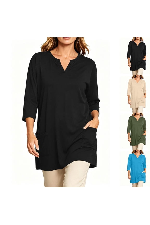 Women' s V-Neck 3/4 Sleeve Tunic Top with Pockets Stretch Activewear Layering Tunic