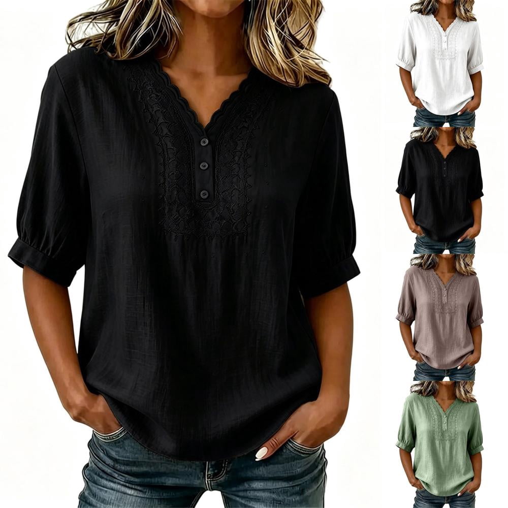 Bxsruta Women's V Neck Lace Trim Blouse Casual Short Sleeve Loose Fit ...