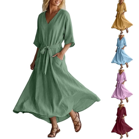 Bxsruta Women’s V Neck Maxi Dress with Pockets Casual Loose 3/4 Sleeve Flowy Long Dress with Belt Fit & Flare (S-XXXL)