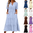 thumbnail image 1 of Bxsruta Women's V Neck Short Sleeve Casual Midi Dress with Pockets Fit and Flare Tiered Soft Knit Pullover Summer Dresses for Women Comfortable Lightweight Loose Fit, 1 of 7