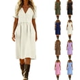 thumbnail image 1 of Bxsruta Women’s V Neck Short Sleeve Cotton Linen Fit & Flare Midi Dress with Pockets Casual Summer Dress, 1 of 7