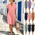 thumbnail image 1 of Bxsruta Women's V Neck Short Sleeve Midi Dress with Pockets Loose Cotton Tunic Smock Casual Pullover Dress for Summer Lightweight Breathable Flowy Comfortable Everyday Wear, 1 of 8