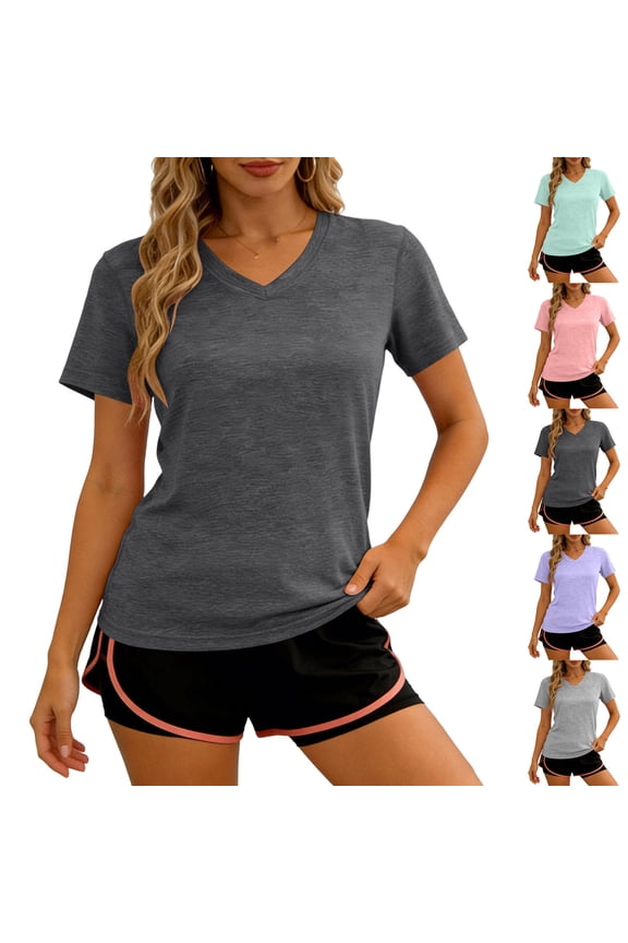 Women's V Neck Short Sleeve Workout T Shirt Breathable Soft Nylon Spandex