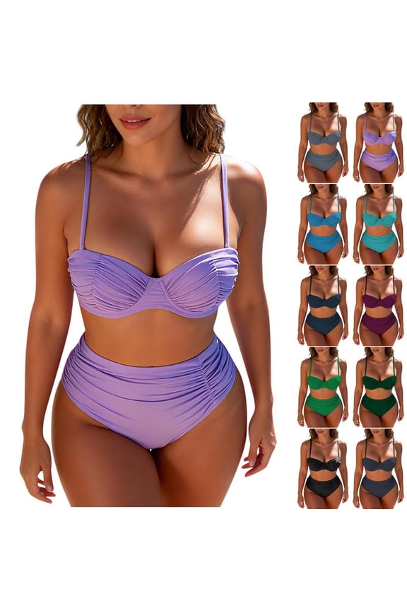 Women's Wirefree Two-Piece Bikini with Removable Padded Top and High-Waisted Bottom for Beach and Pool Swimming