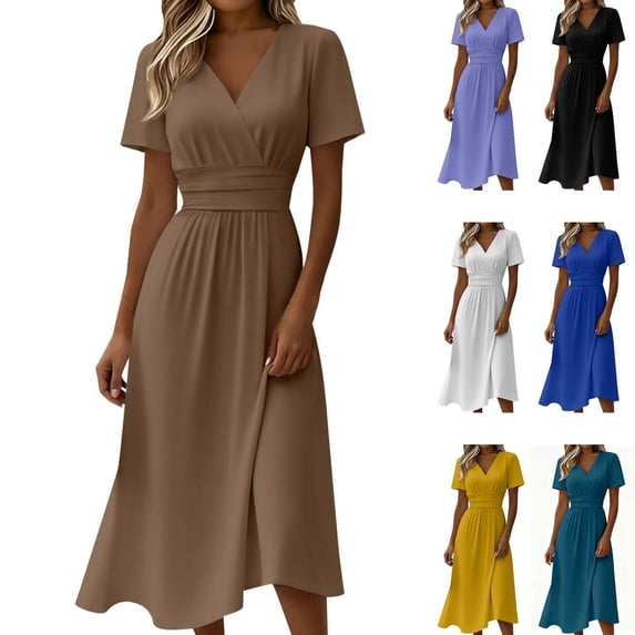 Bxsruta Women's Wrap V Neck Short Sleeve Midi Dress A Line Flowy Waist Defining Casual Party Dress with Stretchy Comfortable Fit for Summer Spring Breathable Fabric
