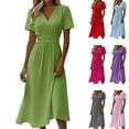 thumbnail image 1 of Bxsruta Women's Wrap V Neck Short Sleeve Midi Dress A Line Flowy Waist Defining Casual Party Dress with Stretchy Comfortable Fit for Summer Spring Breathable Fabric, 1 of 8