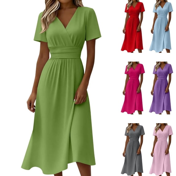 Bxsruta Women's Wrap V Neck Short Sleeve Midi Dress A Line Flowy Waist Defining Casual Party Dress with Stretchy Comfortable Fit for Summer Spring Breathable Fabric