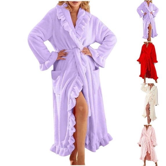 Bxsruta Womens Bathrobe Long Fluffy Robe Ruffle Trim Plush Sleepwear Lounge Gown