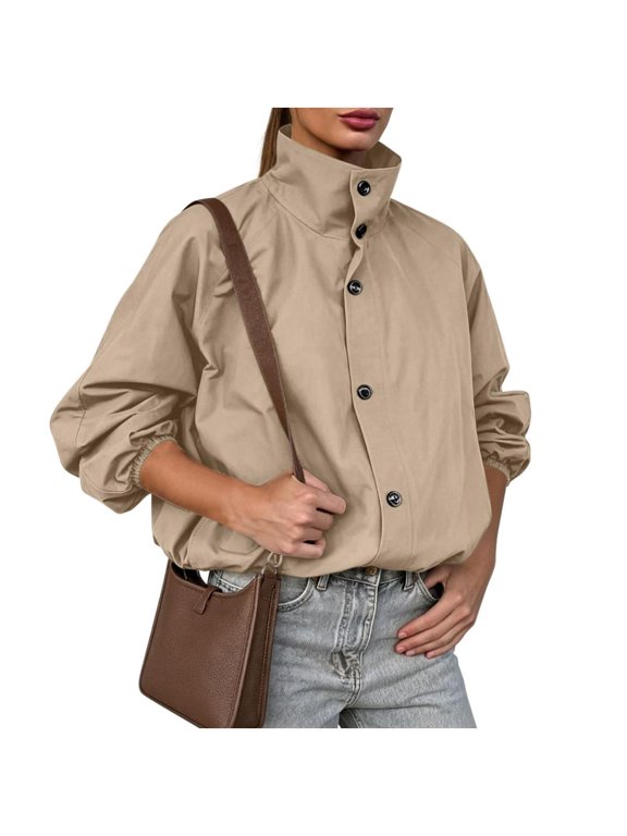 Womens Bomber Jacket Button Down High Collar Long Sleeve Casual Outerwear