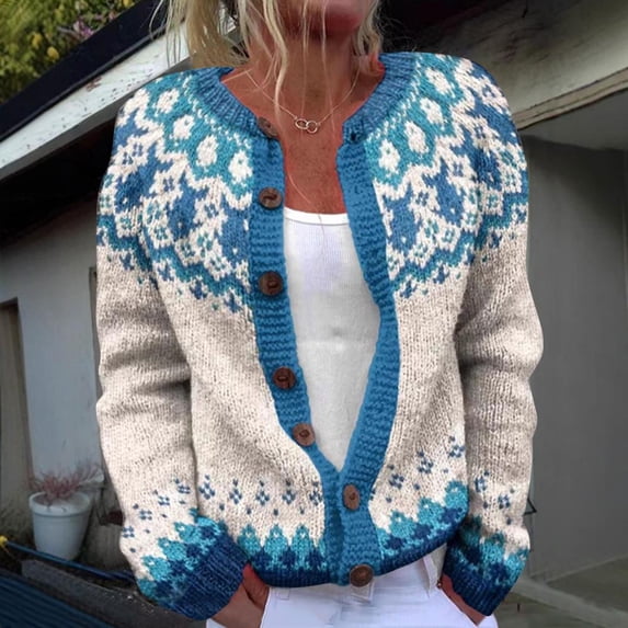 Bxsruta Womens Cardigan Sweater Fair Isle Print Button Down Long Sleeve Casual Fall Knit Tops