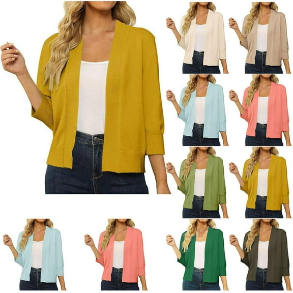 Bxsruta Womens Cardigan, Women's Casual Blouse Soft Loose Cardigan Knitted Sweater Solid Color Cropped Tops, Yellow XL