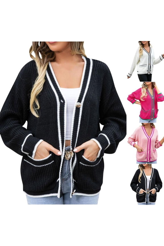 Womens Cardigan, Women's Contrasting Button Long Sleeved Knitted Cardigan Jacket, Black M