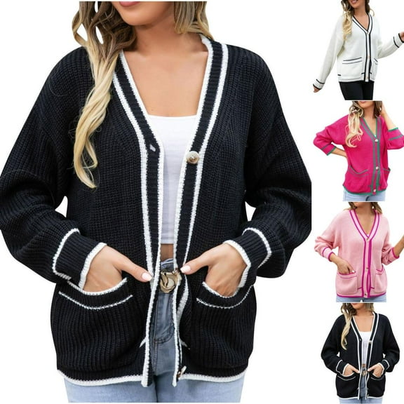 Bxsruta Womens Cardigan, Women's Contrasting Button Long Sleeved Knitted Cardigan Jacket, Hot Pink S