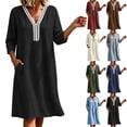 thumbnail image 1 of Bxsruta Womens Casual Dress V Neck 3/4 Sleeve Midi Dresses Pocket Sundress, 1 of 6