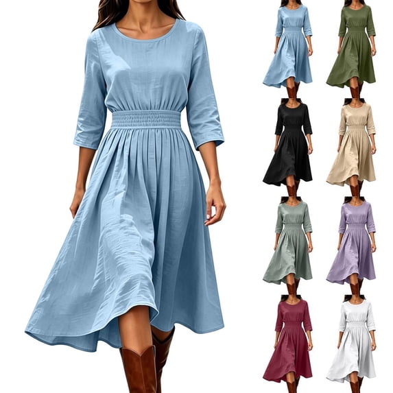 Bxsruta Womens Casual Midi Dress 3/4 Sleeve Pleated Flowy Dresses for Women Crew Neck Smocked Waist A-Line Swing Dress