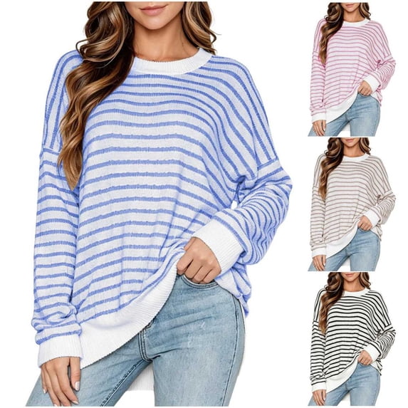 Bxsruta Womens Crew Neck Sweaters Long Sleeve Striped Knit Pullover Tops Loose Drop Shoulder Casual Shirts