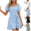 thumbnail image 1 of Bxsruta Womens Dress Short Sleeve Square Neck Ruffle Wrap Casual Mini Dresses, 1 of 6
