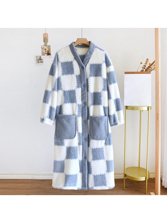 Womens Fleece Bathrobe Plaid Long Sleepwear Button Down Lounge Robe