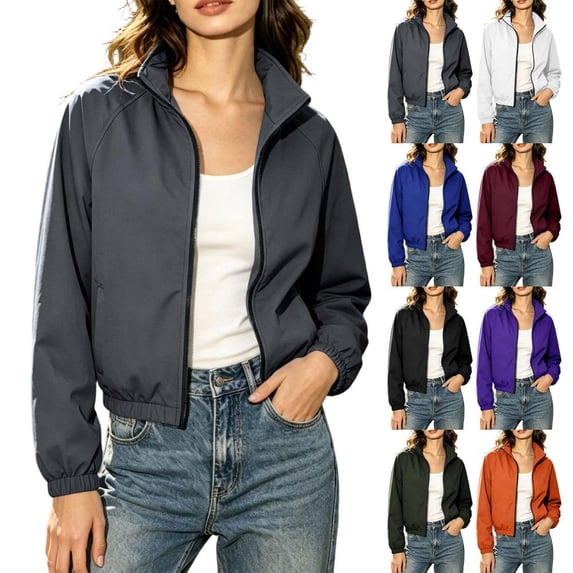 Bxsruta Womens Full Zip Windbreaker Jacket Long Sleeve Casual Stand Collar Outerwear
