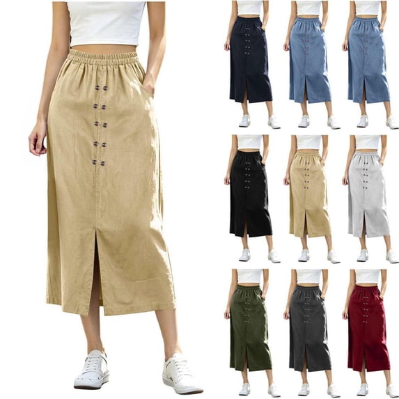 Bxsruta Womens Long Skirt Cotton Linen Midi Skirts Casual Flowy Skirt with Pockets and Elastic Waist