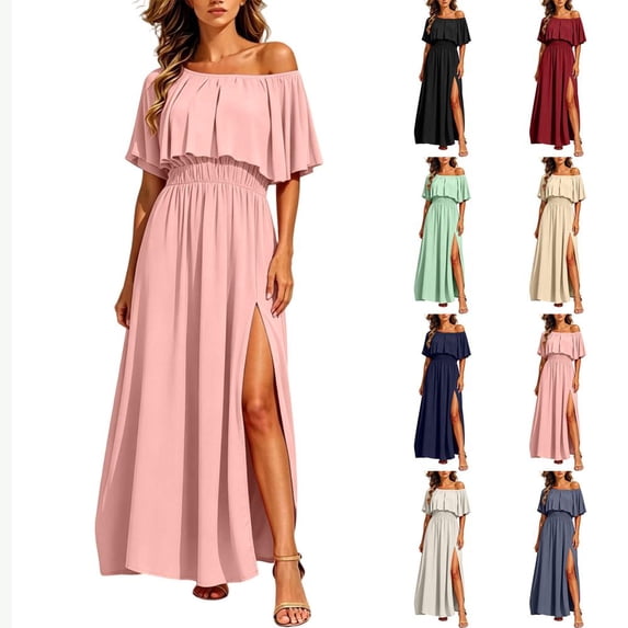 Bxsruta Womens Maxi Dress Off The Shoulder Short Sleeve Ruffle Split Flowy Summer Long Dresses